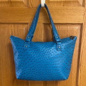 Unbranded Blue Faux Leather Polka Dot Tote Bag Textured Handbag